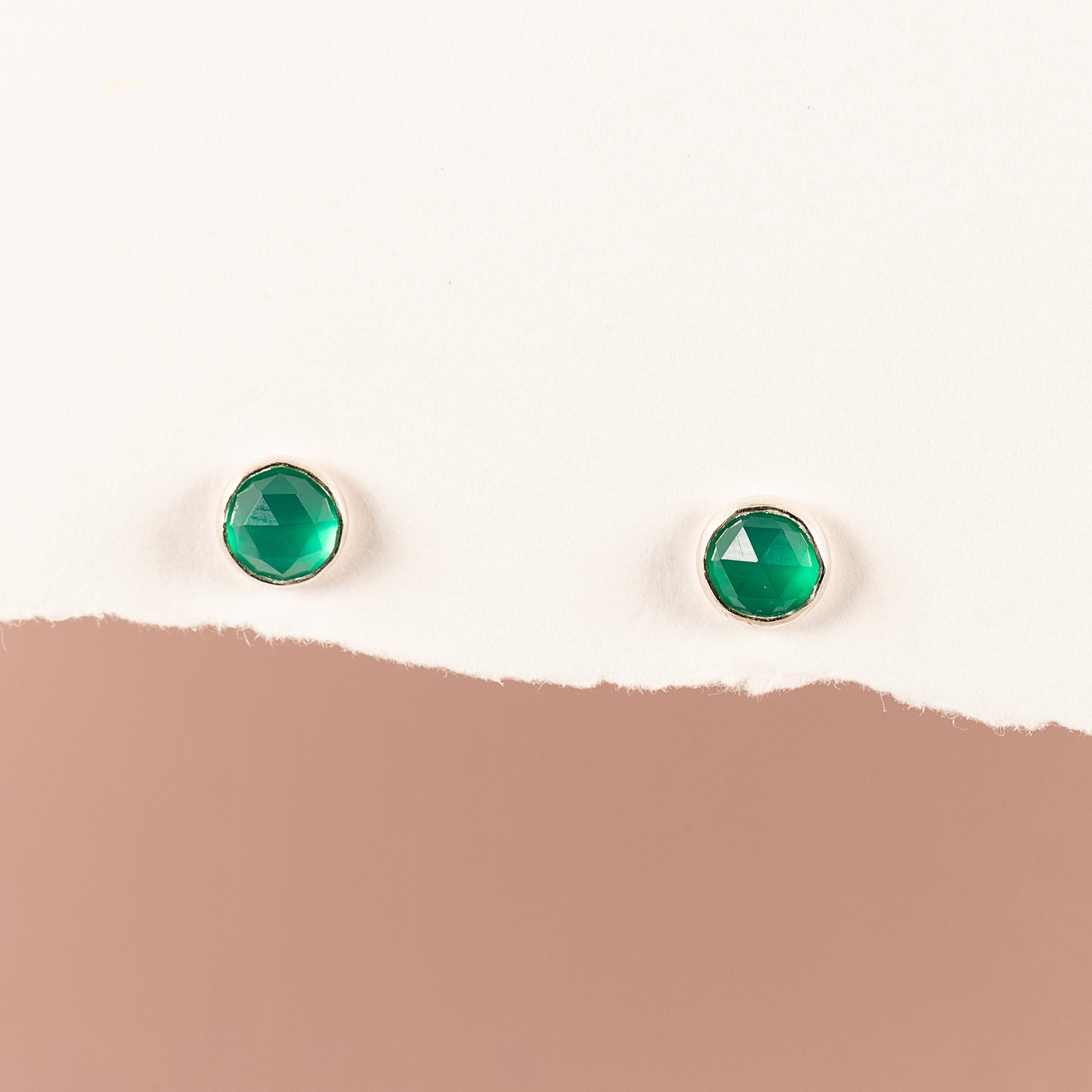 May Birthstone Stud Earrings - Green Onyx - Silver & Gold