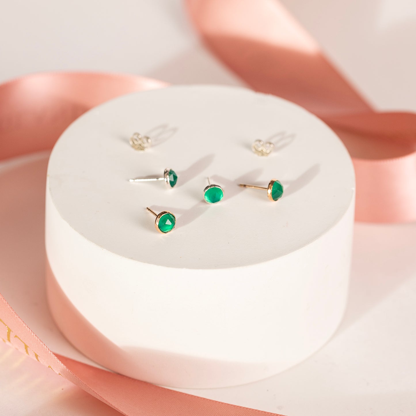 May Birthstone Stud Earrings - Green Onyx - Silver & Gold