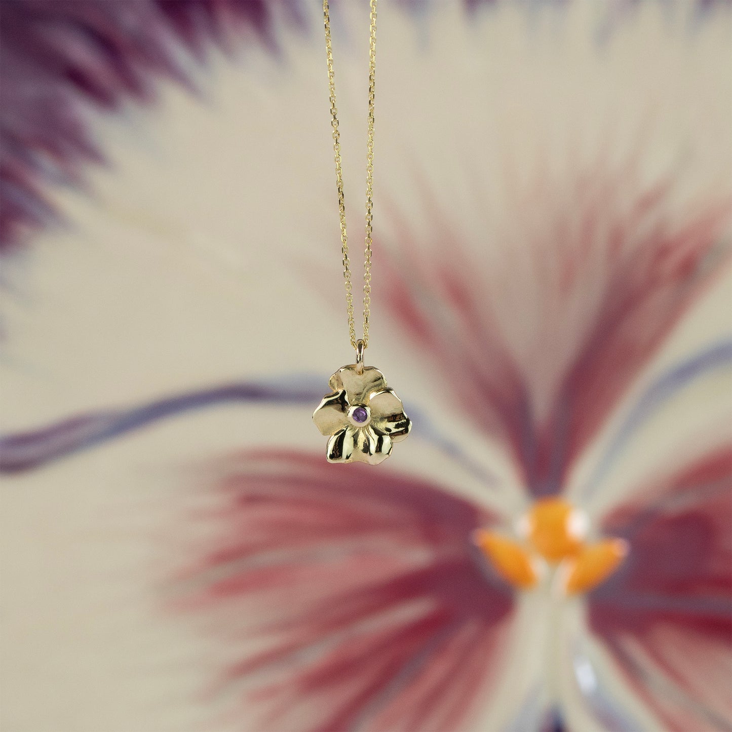 February Birth Flower & Birthstone Necklace - Violet & Amethyst - 9kt Gold