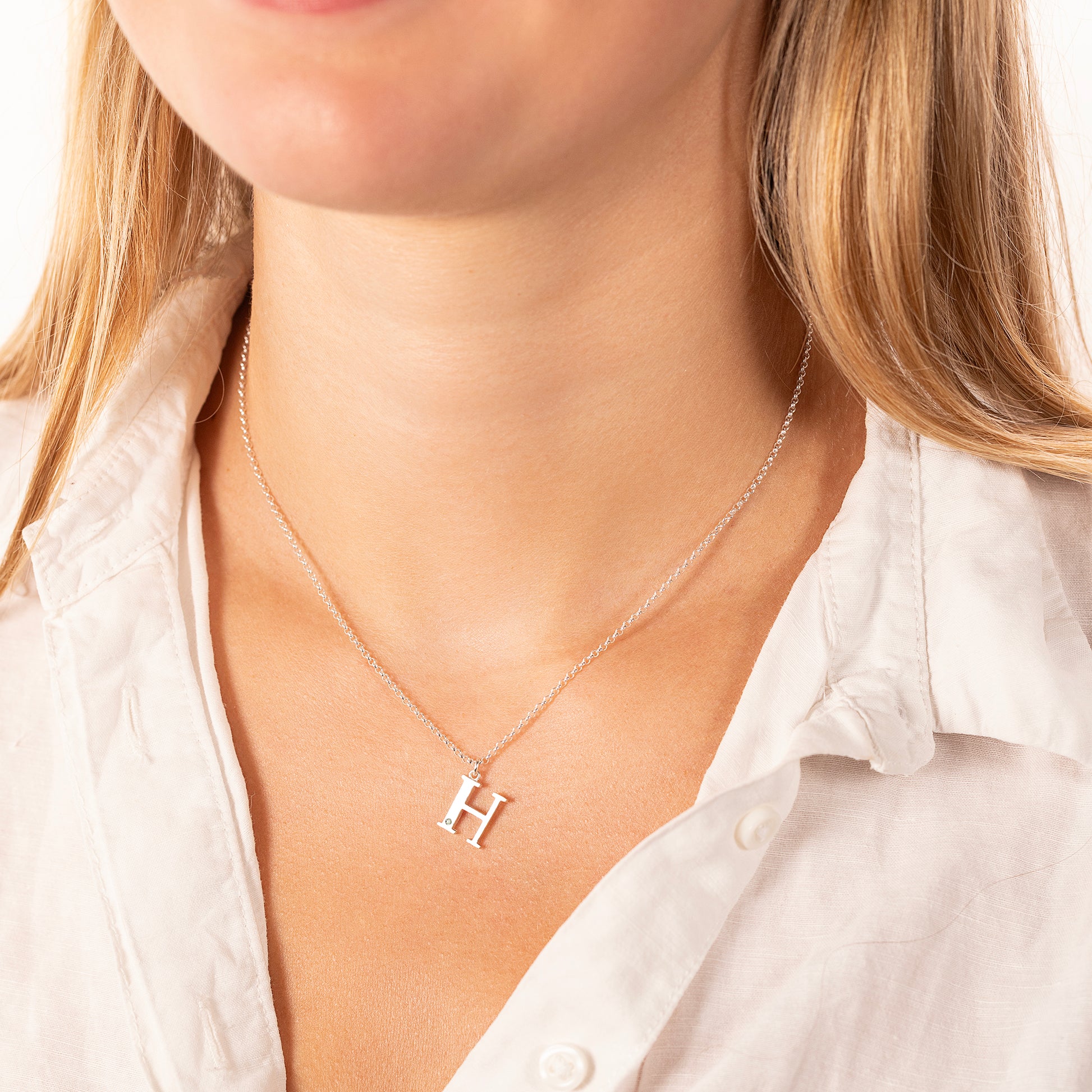 H Initial Letter & Birthstone Necklace - Silver