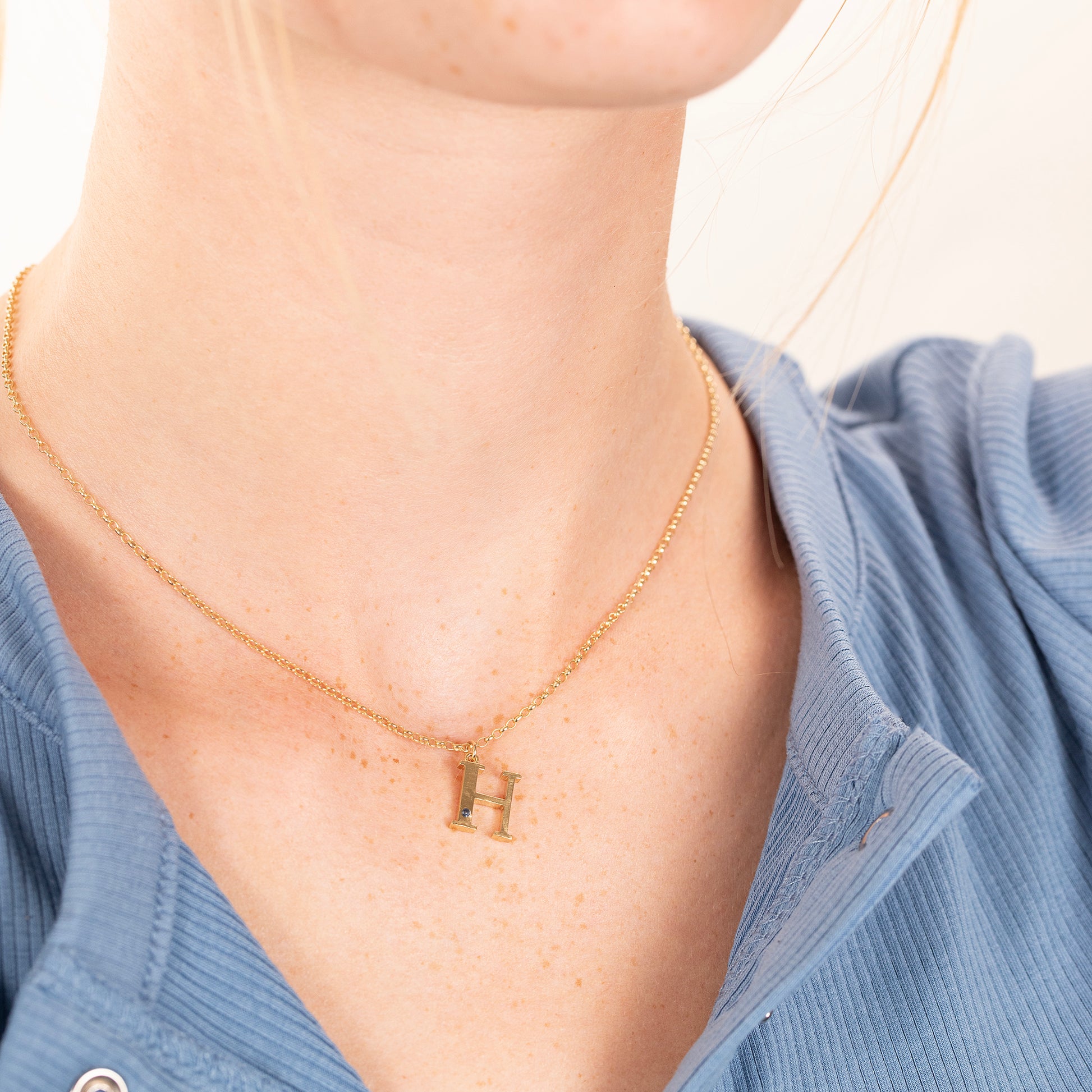 H Initial Letter & Birthstone Necklace - 9kt Gold