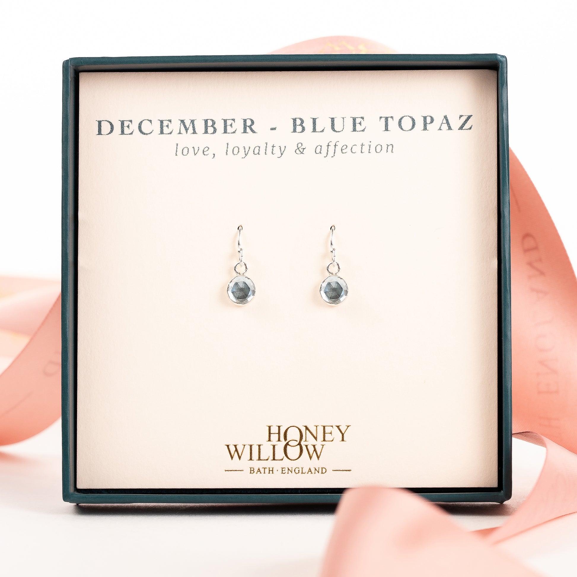 December Birthstone Drop Earrings - Blue Topaz - Silver & Gold