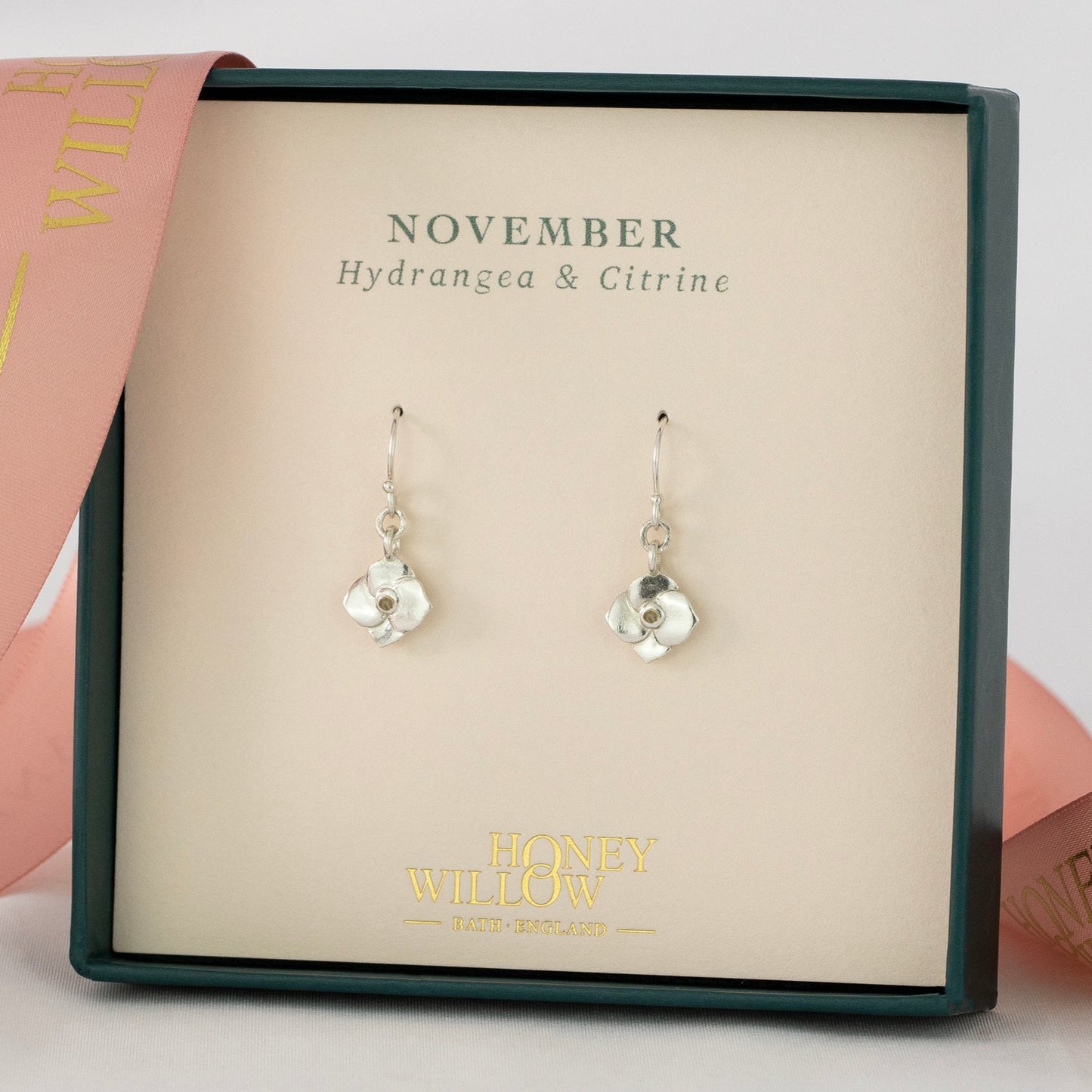 November Birth Flower & Birthstone Earrings - Hydrangea - Silver