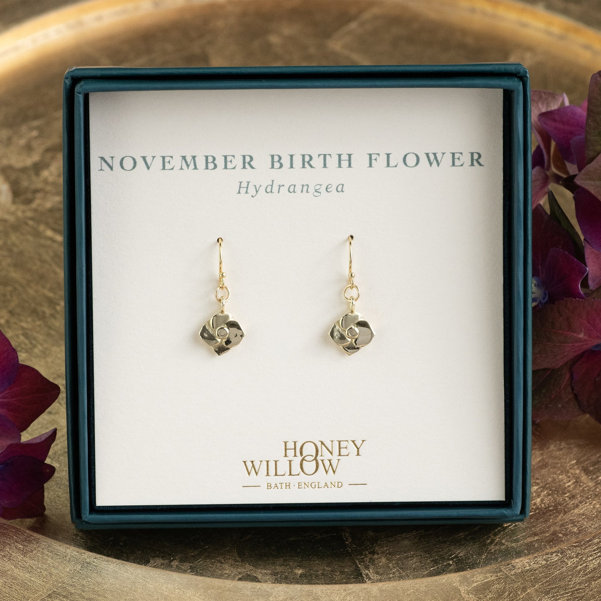 November Birth Flower Earrings - Hydrangea - 9kt Gold