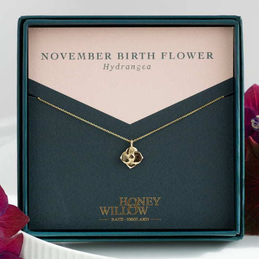 November Birth Flower Necklace - Hydrangea - 9kt