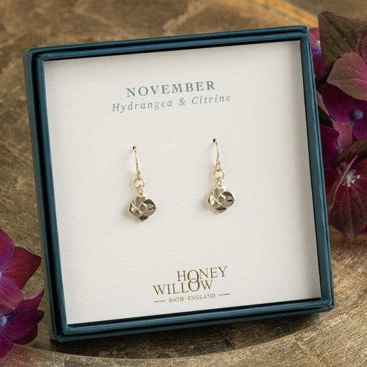 November Birth Flower & Birthstone Earrings - Hydrangea - 9kt Gold