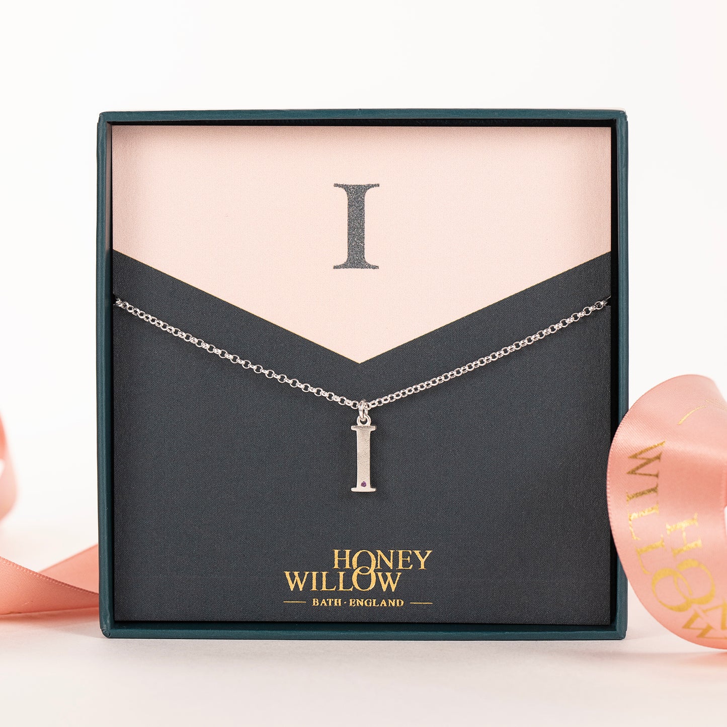 I Initial Charm & Birthstone Necklace - Silver