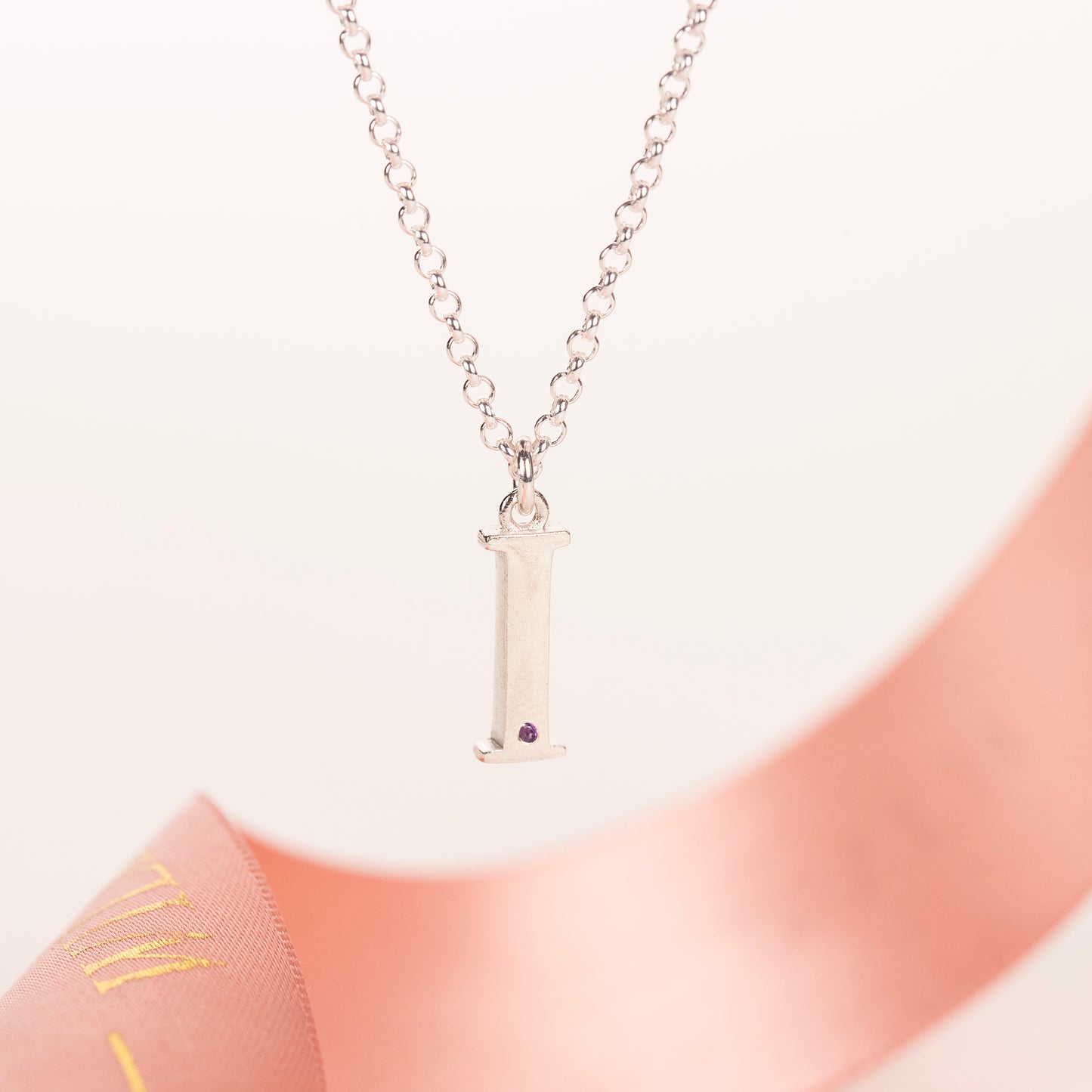 I Initial Charm & Birthstone Necklace - Silver