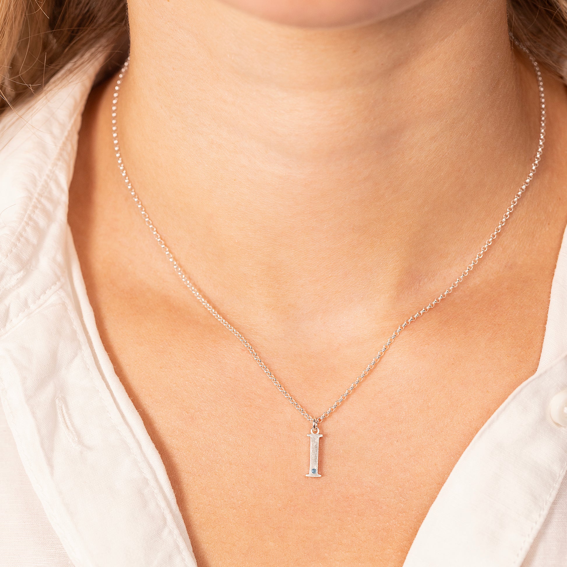 I Initial Letter & Birthstone Necklace - Silver