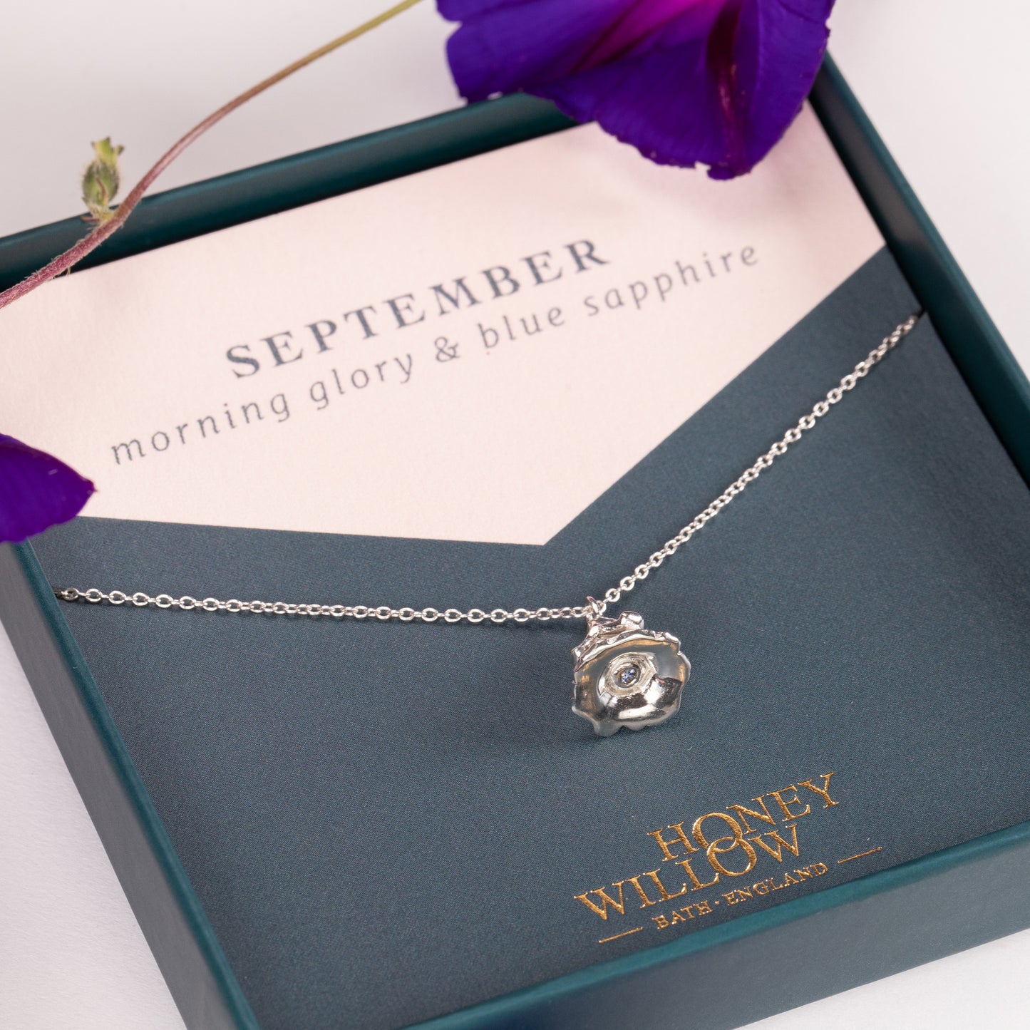 September Birth Flower & Birthstone Necklace - Morning Glory & Blue Sapphire - Silver