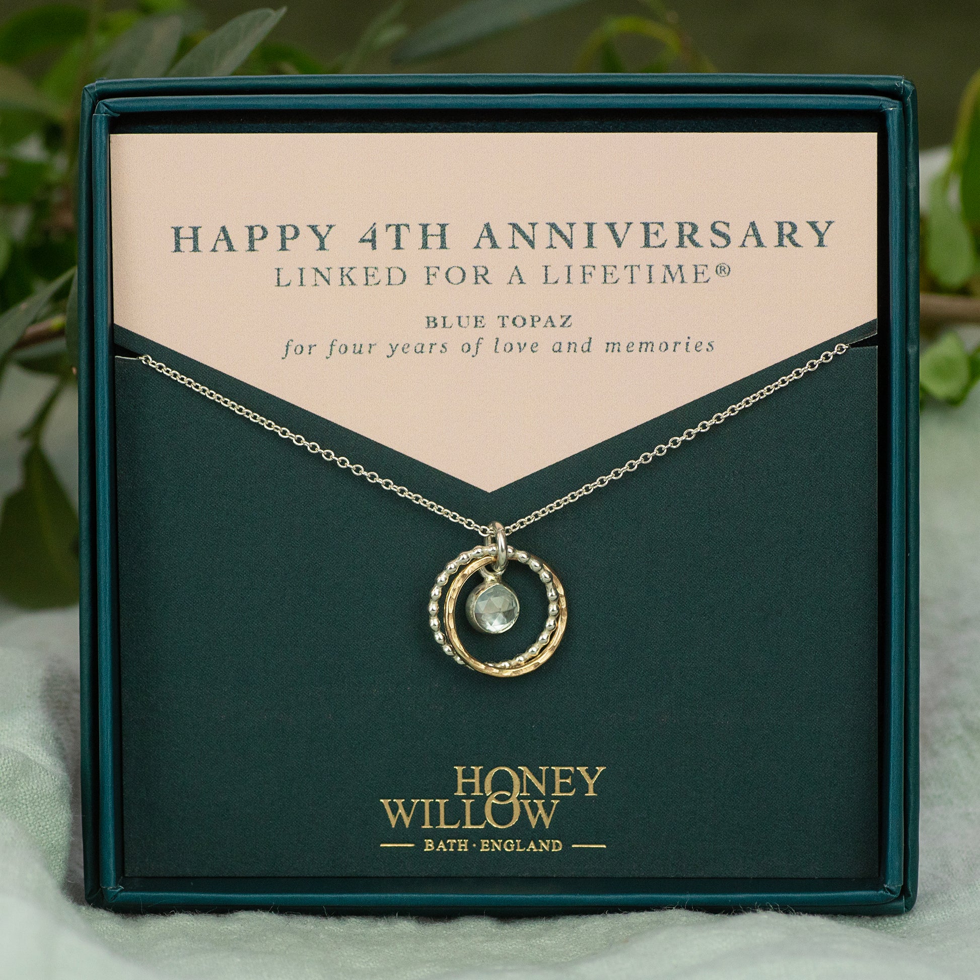 4th Anniversary Gift - Blue Topaz Anniversary Necklace - Silver & Gold