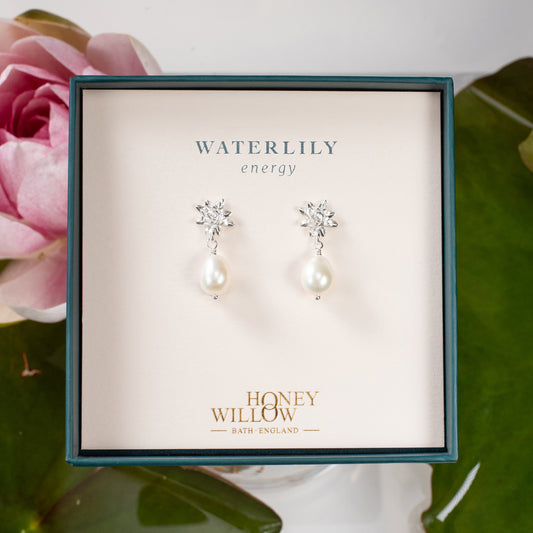 Waterlily Flower Earrings - Energy - Silver & Pearl
