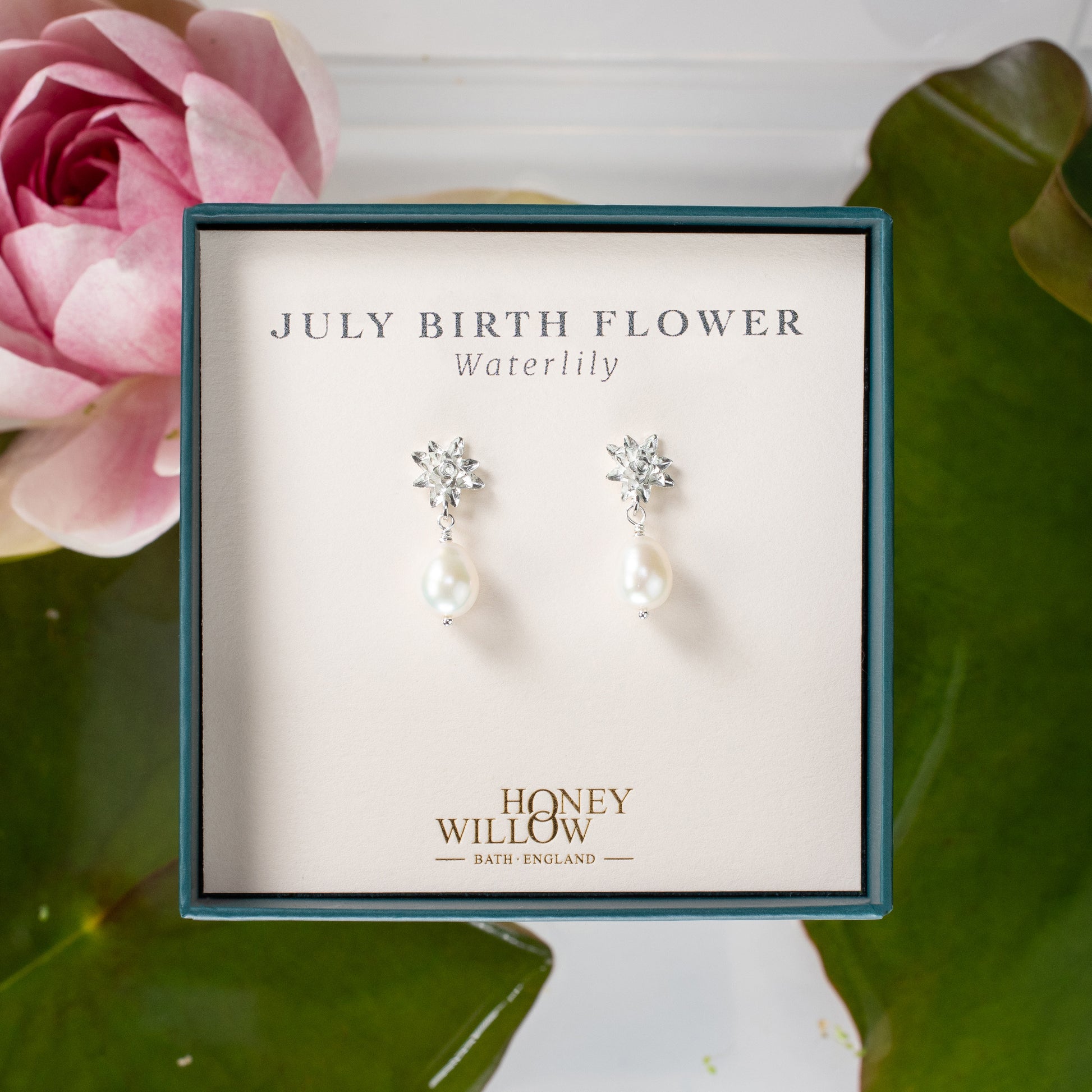 July Birth Flower Earrings - Waterlily - Silver & Pearl