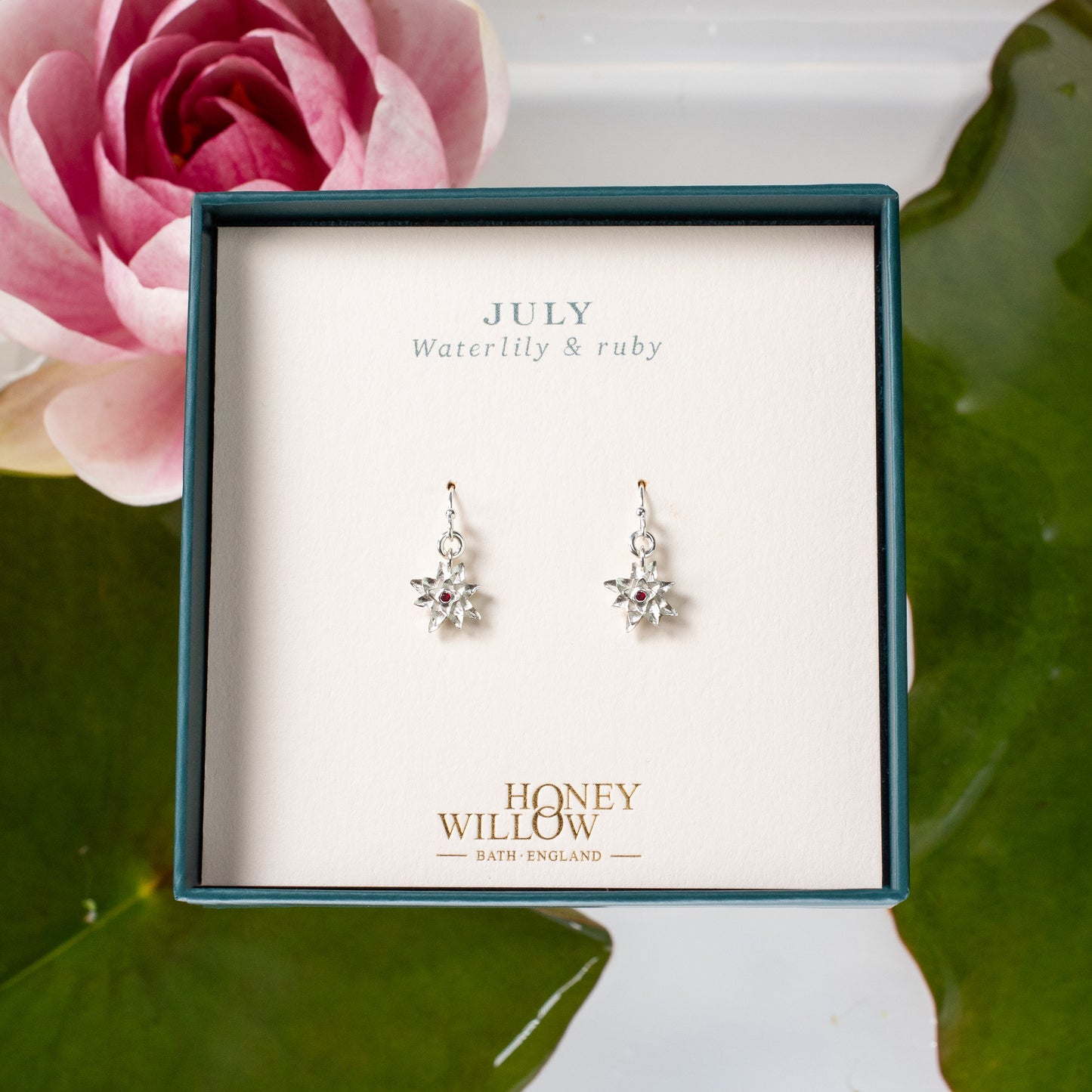 July Birth Flower & Birthstone Earrings - Waterlily & Ruby - Silver