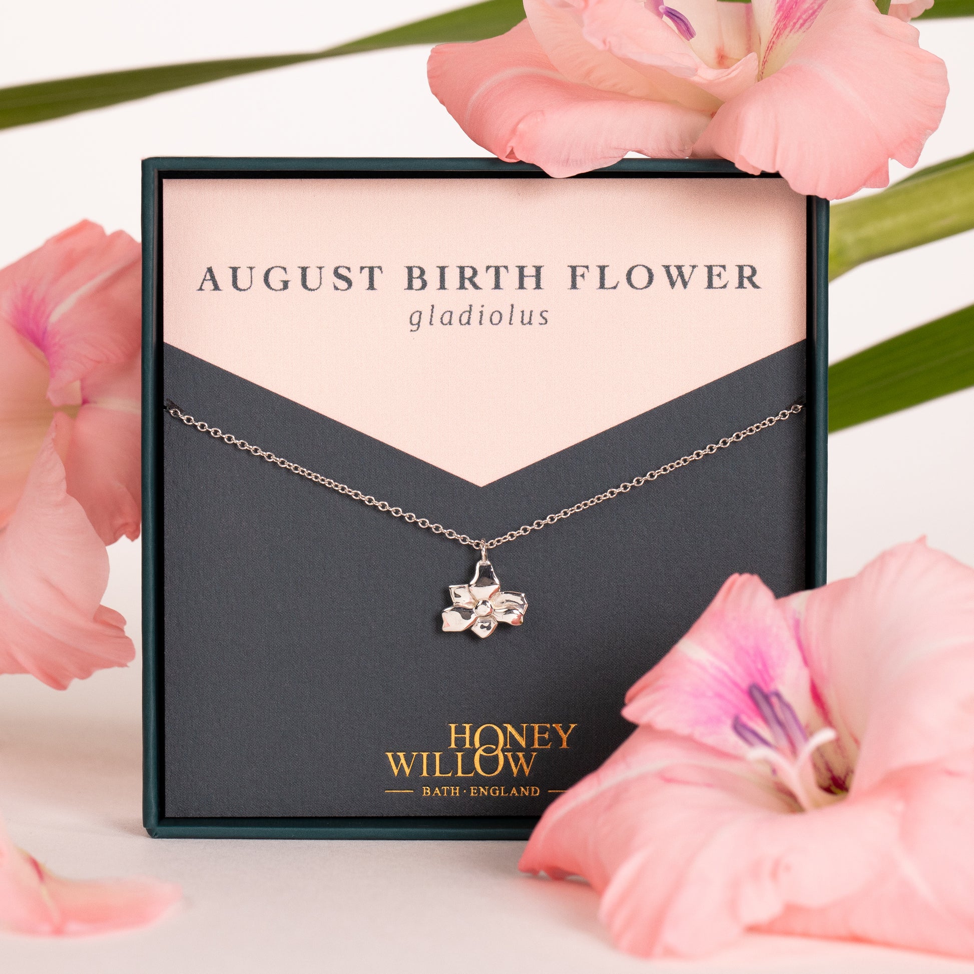 August Birth Flower Necklace - Gladiolus - Silver