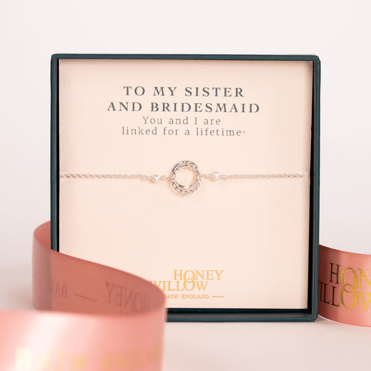 Gift for Sister & Bridesmaid - Pearl Love Knot Bracelet - Linked for a Lifetime - Silver