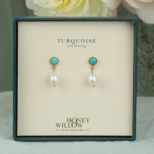 Turquoise & Pearl Earrings - Wellbeing - Silver & Gold