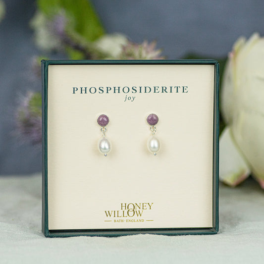 Phosphosiderite & Pearl Earrings - Silver & Gold