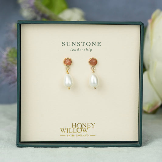 Sunstone & Pearl Earrings - Silver & Gold