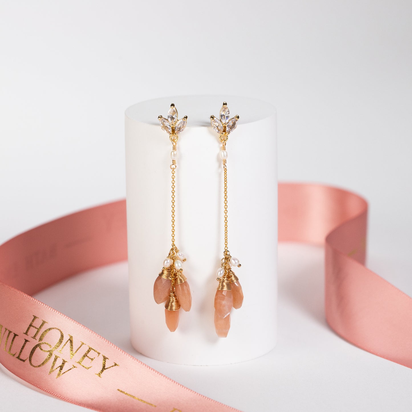 Peach Moonstone Long Marquise Earrings - Silver & Gold - Fleur