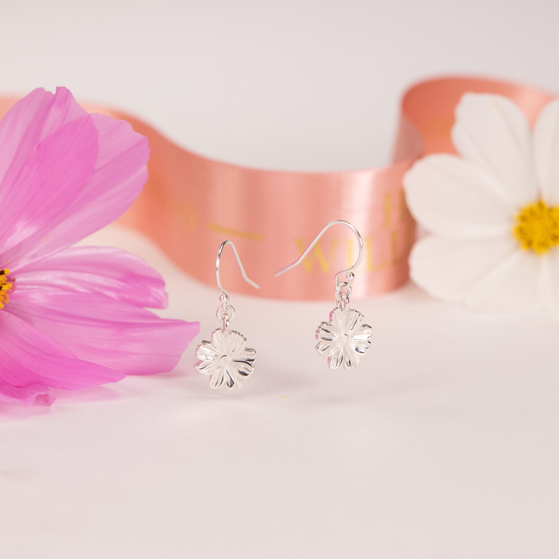 2nd Anniversary Gift - Cosmos Flower Earrings - Silver