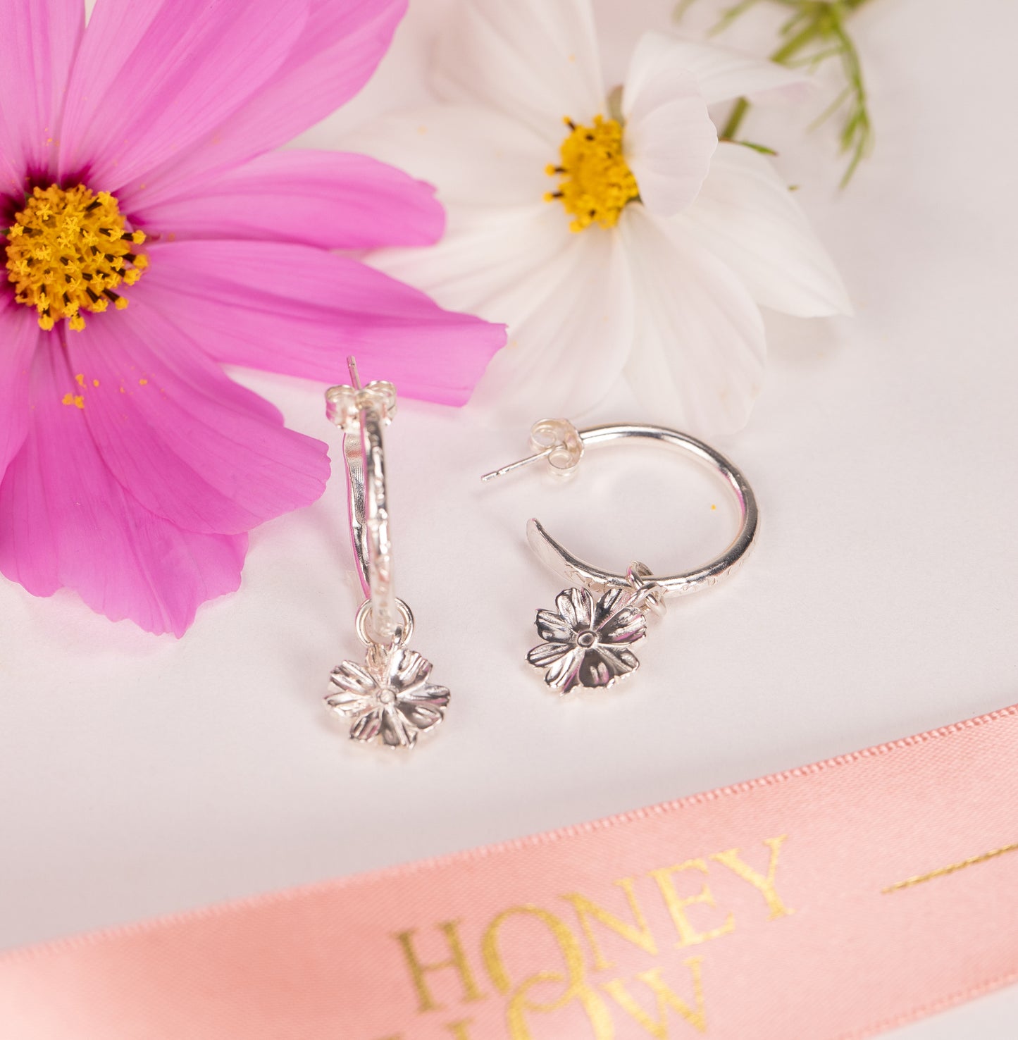 2nd Anniversary Gift - Cosmos Hoop Earrings - Silver - 2cm