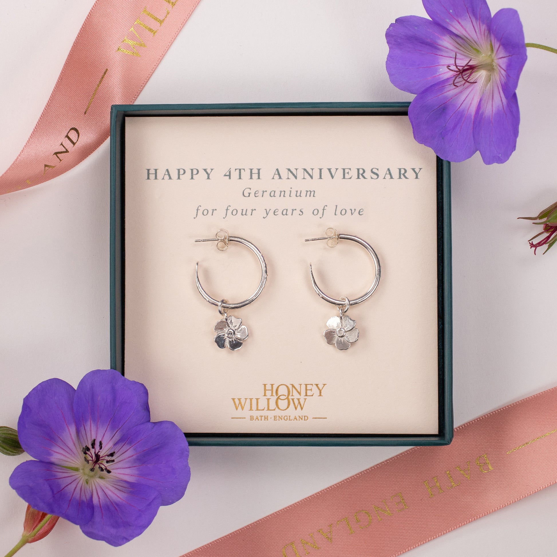 4th Anniversary Gift - Geranium Flower Hoop Earrings - Silver - 2cm