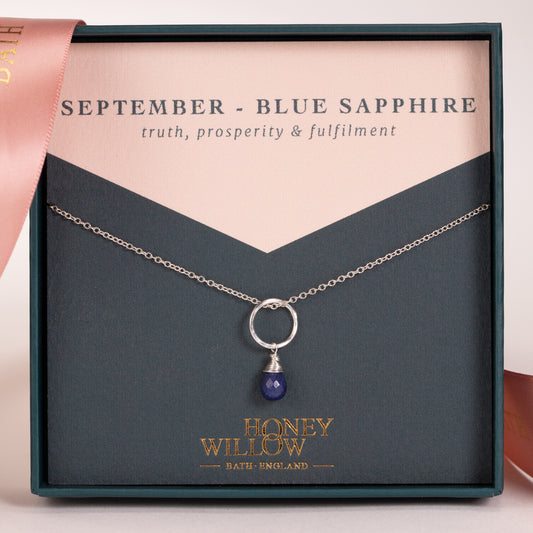 September Birthstone Circle Necklace - Sapphire - Silver & Gold