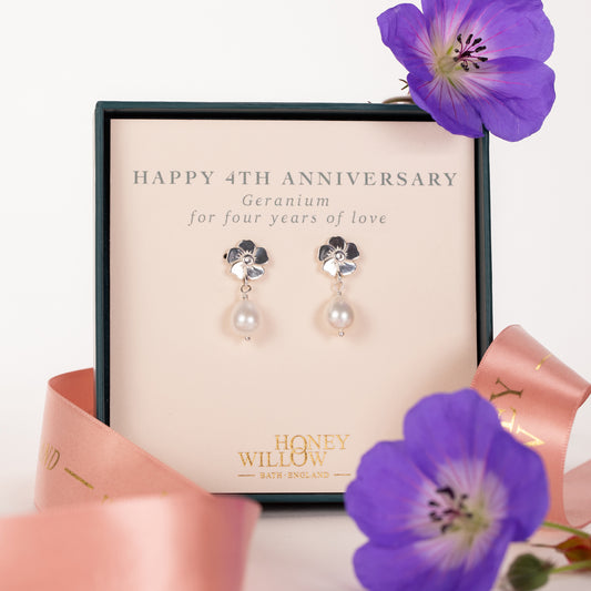 4th Anniversary Gift - Geranium Flower Earrings - Silver & Pearl