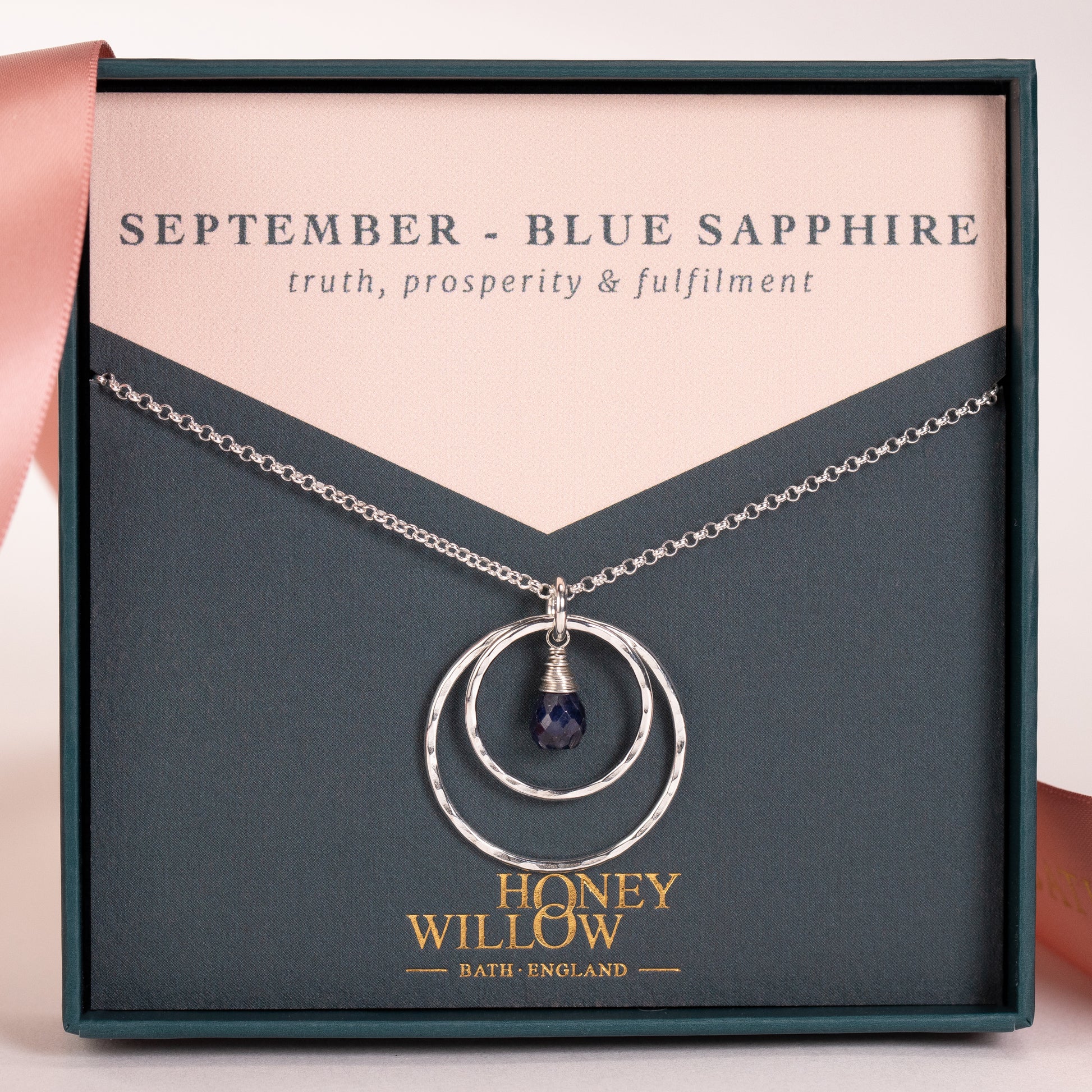 September Birthstone Double Halo Necklace - Sapphire - Silver & Gold