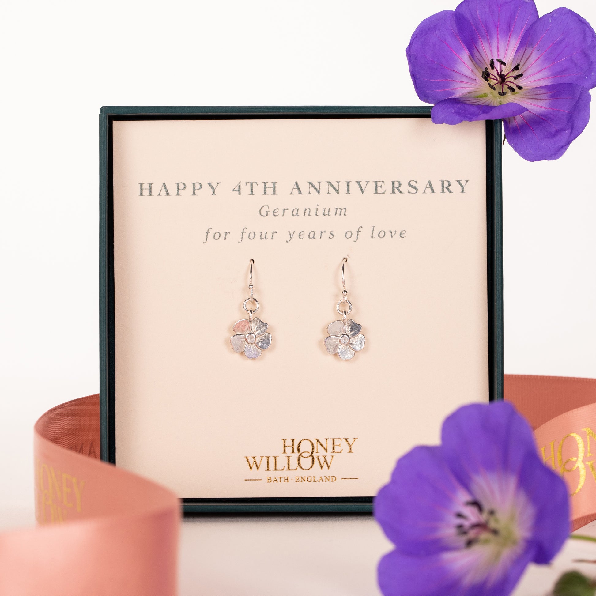 4th Anniversary Gift - Geranium Flower Earrings - Silver