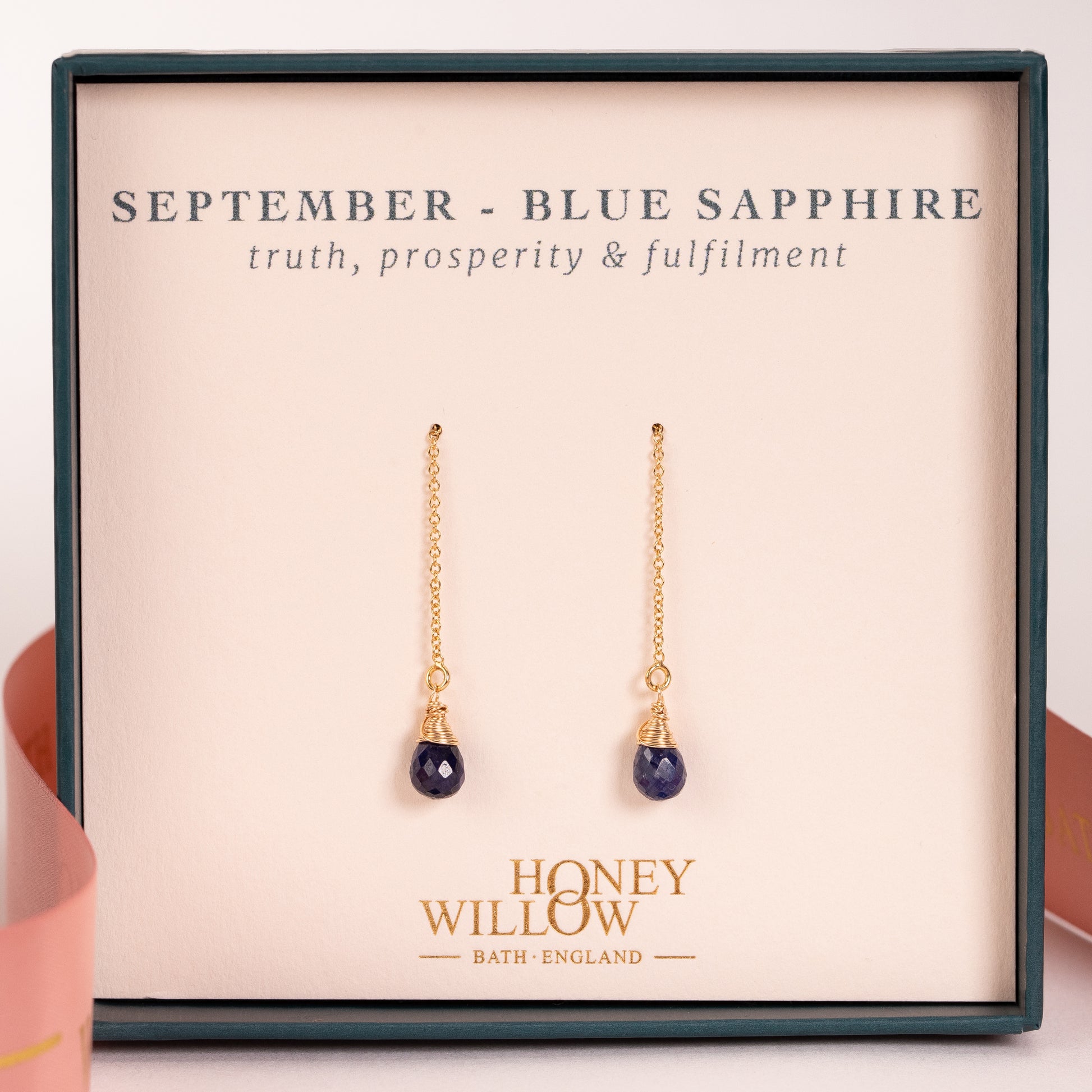 September Birthstone Threader Earrings - Sapphire - Silver & Gold