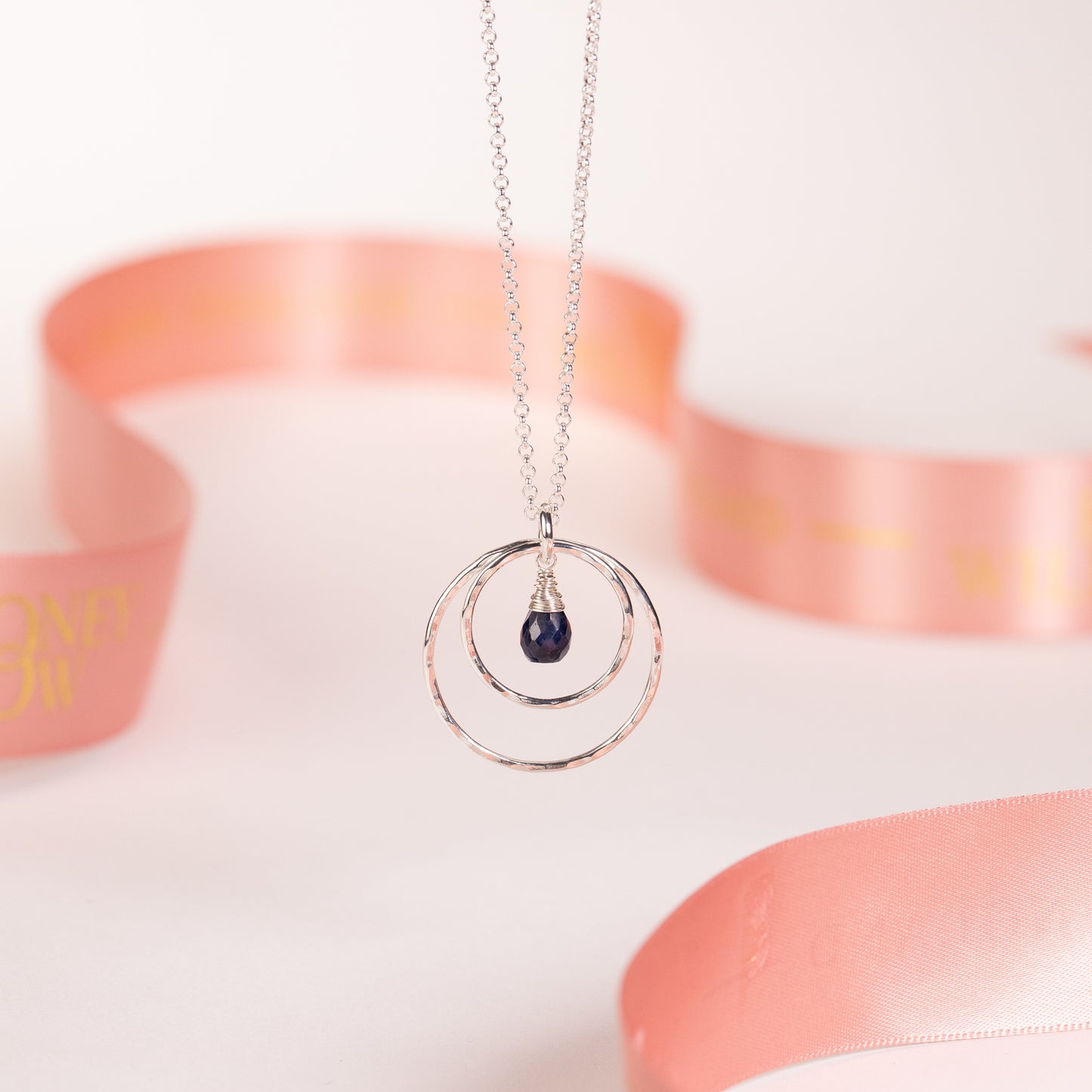 September Birthstone Double Halo Necklace - Sapphire - Silver & Gold