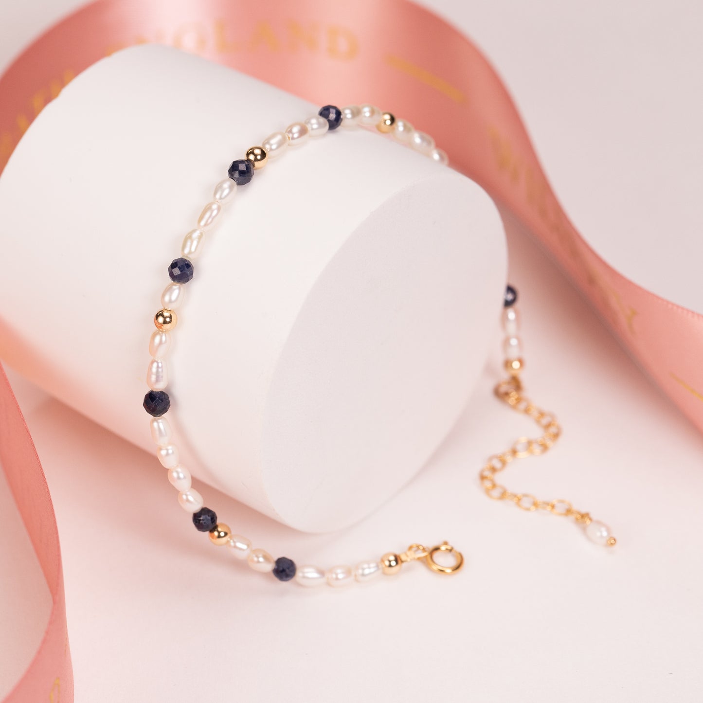 September Birthstone Bracelet - Seed Pearl & Sapphire - Silver & Gold