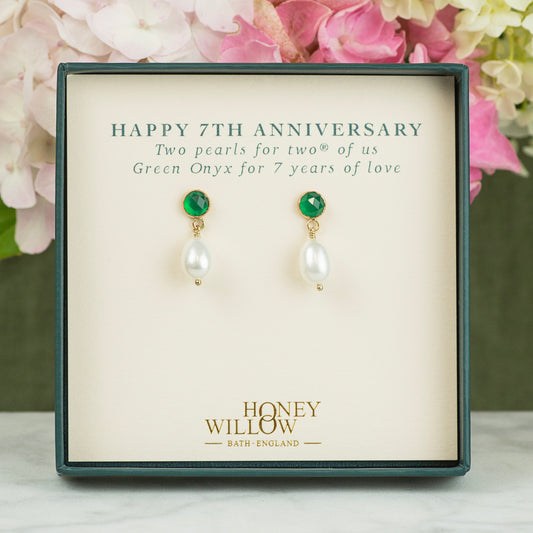 7th Anniversary Gift - Green Onyx Anniversary Earrings - Silver & Gold