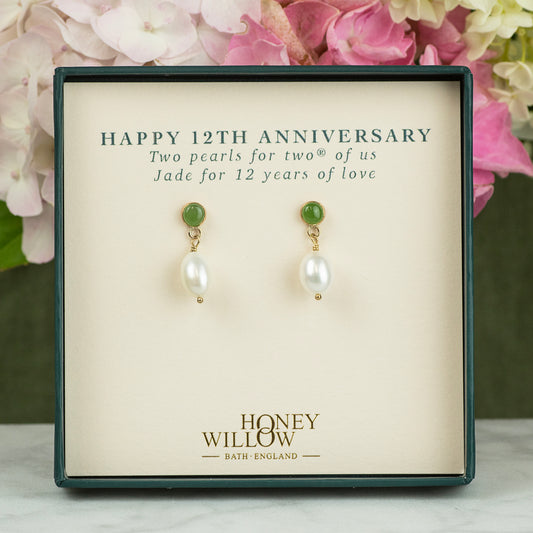 12th Anniversary Gift - Jade Anniversary Earrings - Silver & Gold