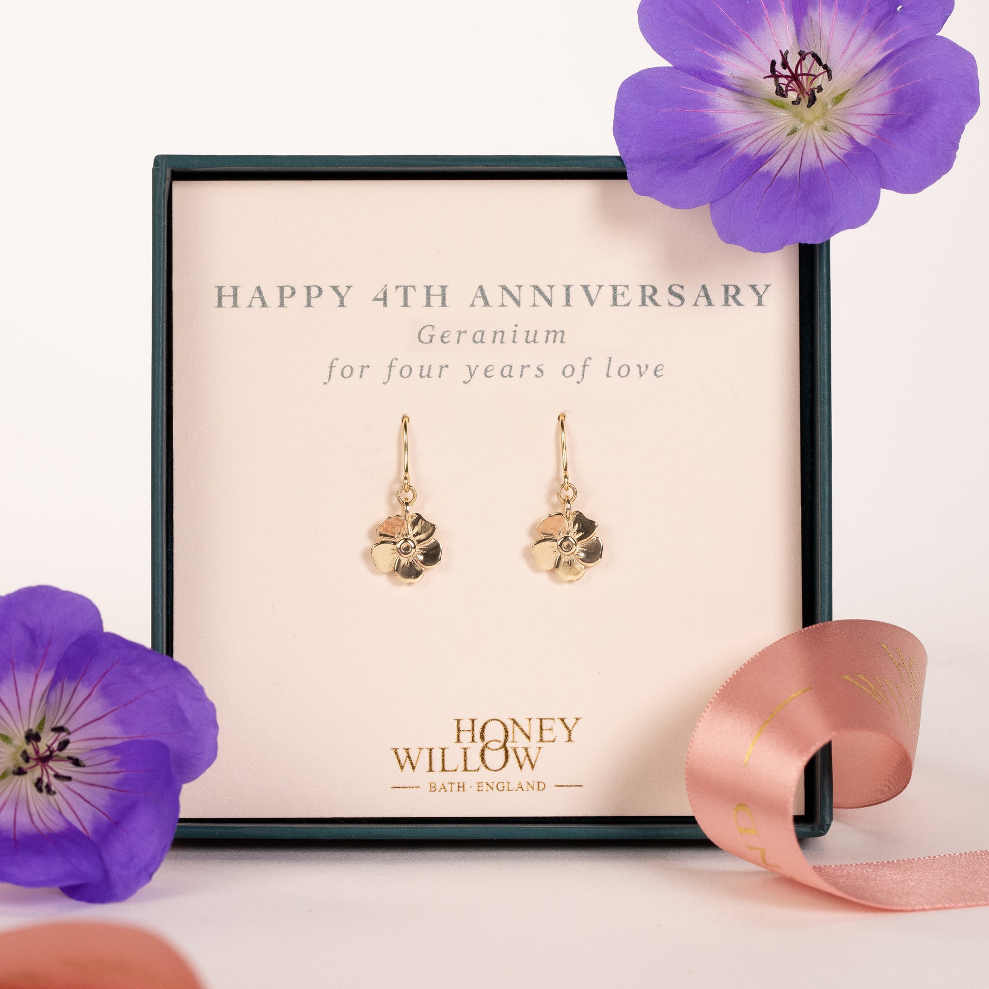 4th Anniversary Gift - Geranium Flower Earrings - 9kt Gold