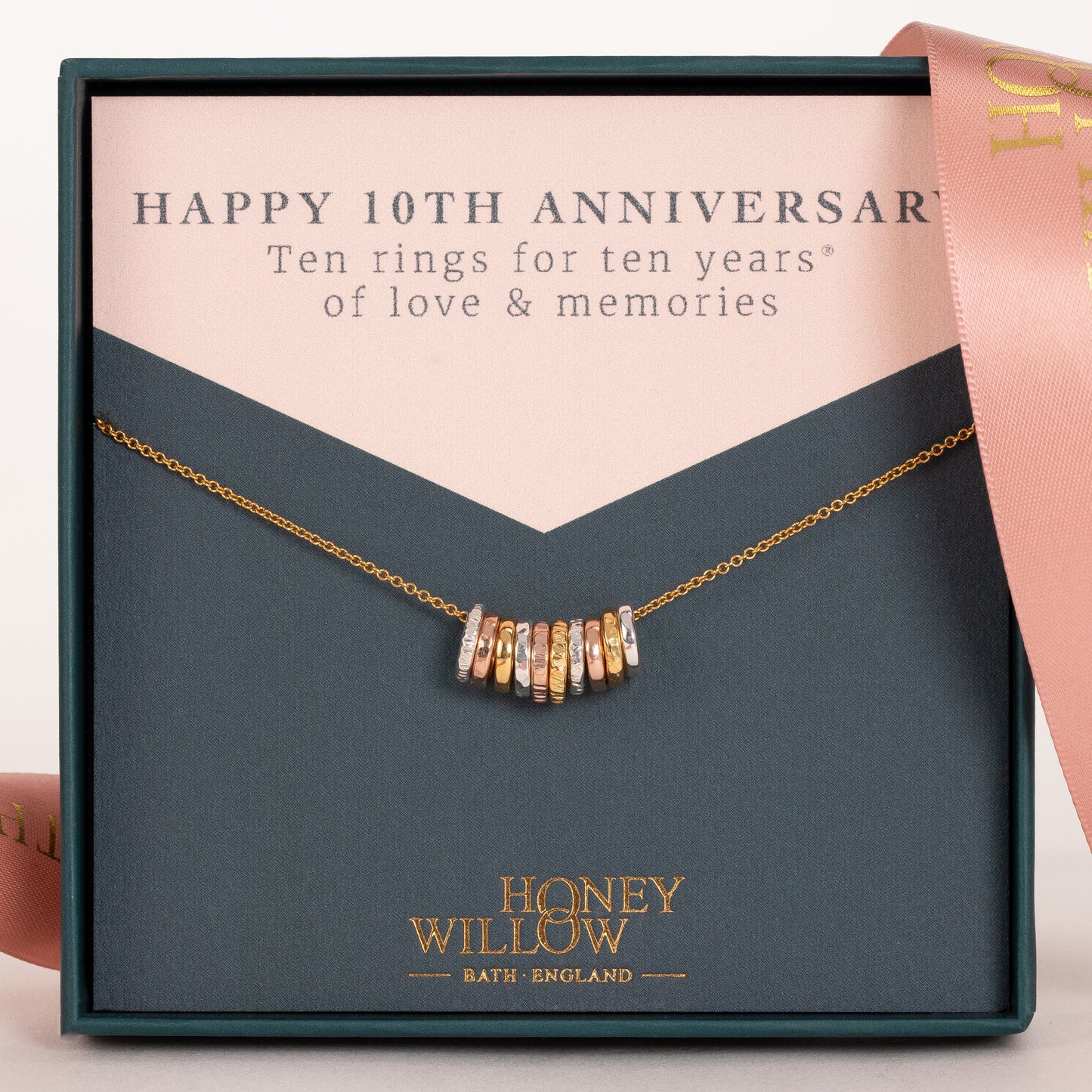 10th Anniversary Necklace - 10 Rings for 10 Years - Tiny Links - Silver & Gold & Rose Gold