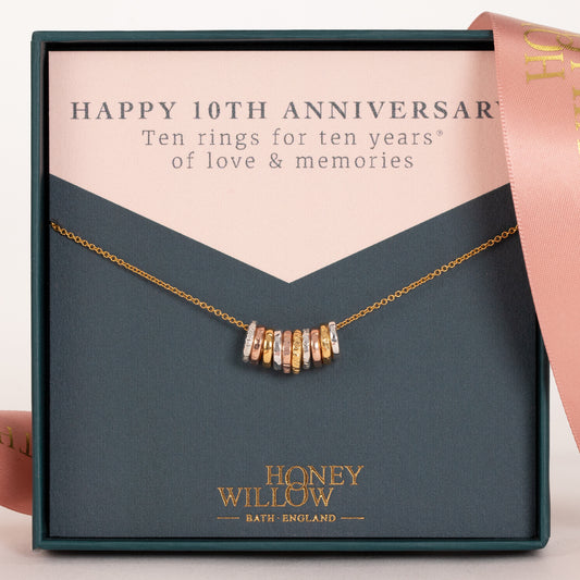 10th Anniversary Necklace - 10 Rings for 10 Years - Tiny Links - Silver & Gold & Rose Gold