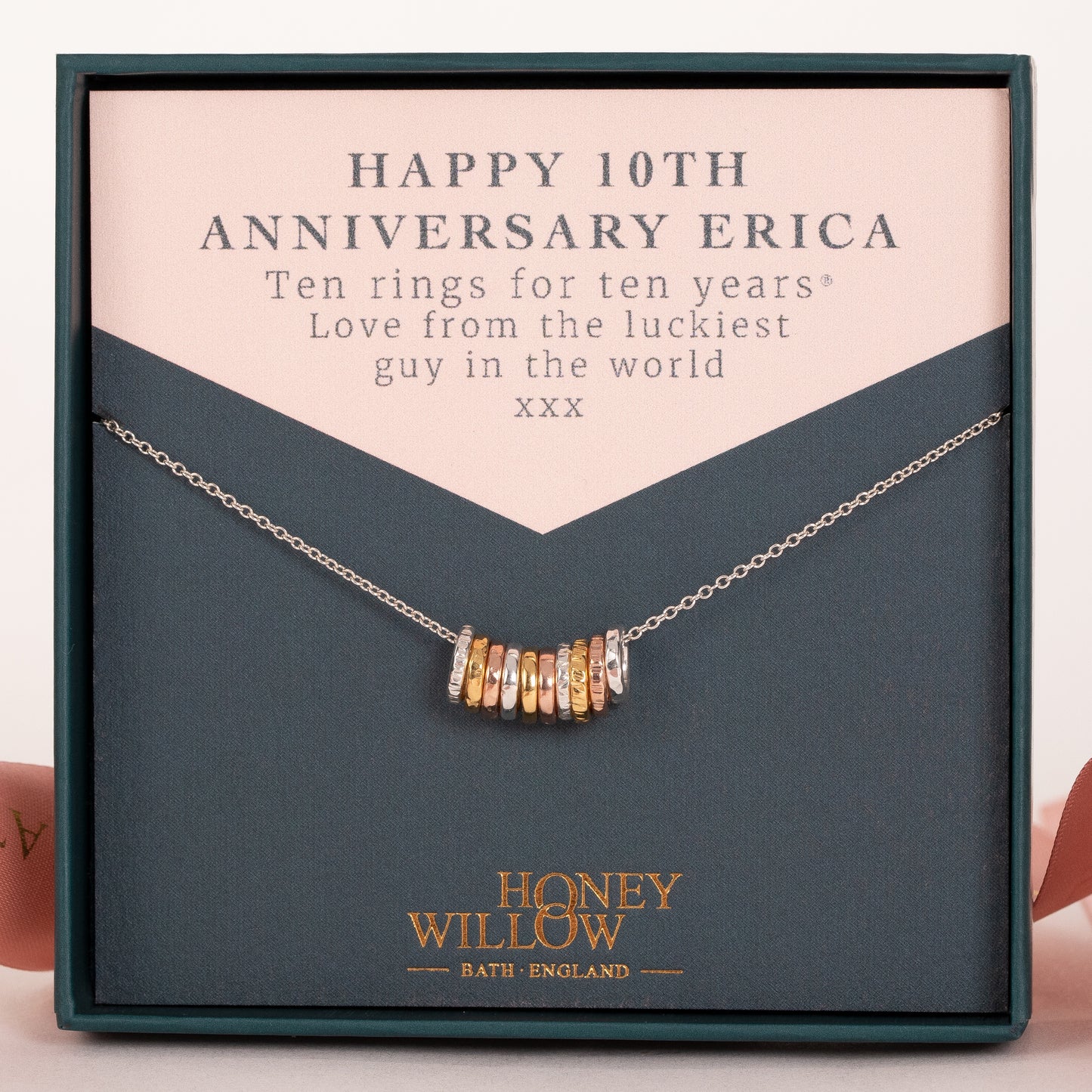 10th Anniversary Necklace - 10 Rings for 10 Years - Tiny Links - Silver & Gold & Rose Gold