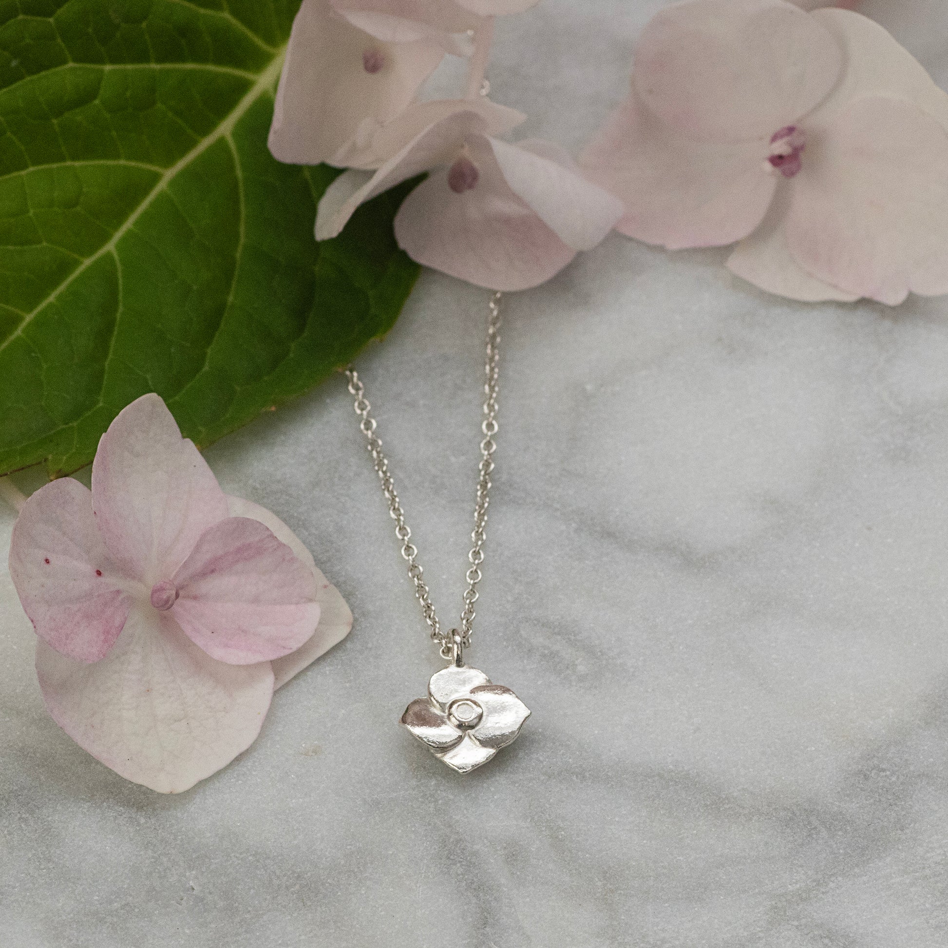 Hydrangea Flower Necklace - Silver