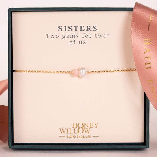 Gift for Sisters - Double Gem Bracelet - Pearl & Birthstone - Silver & Gold