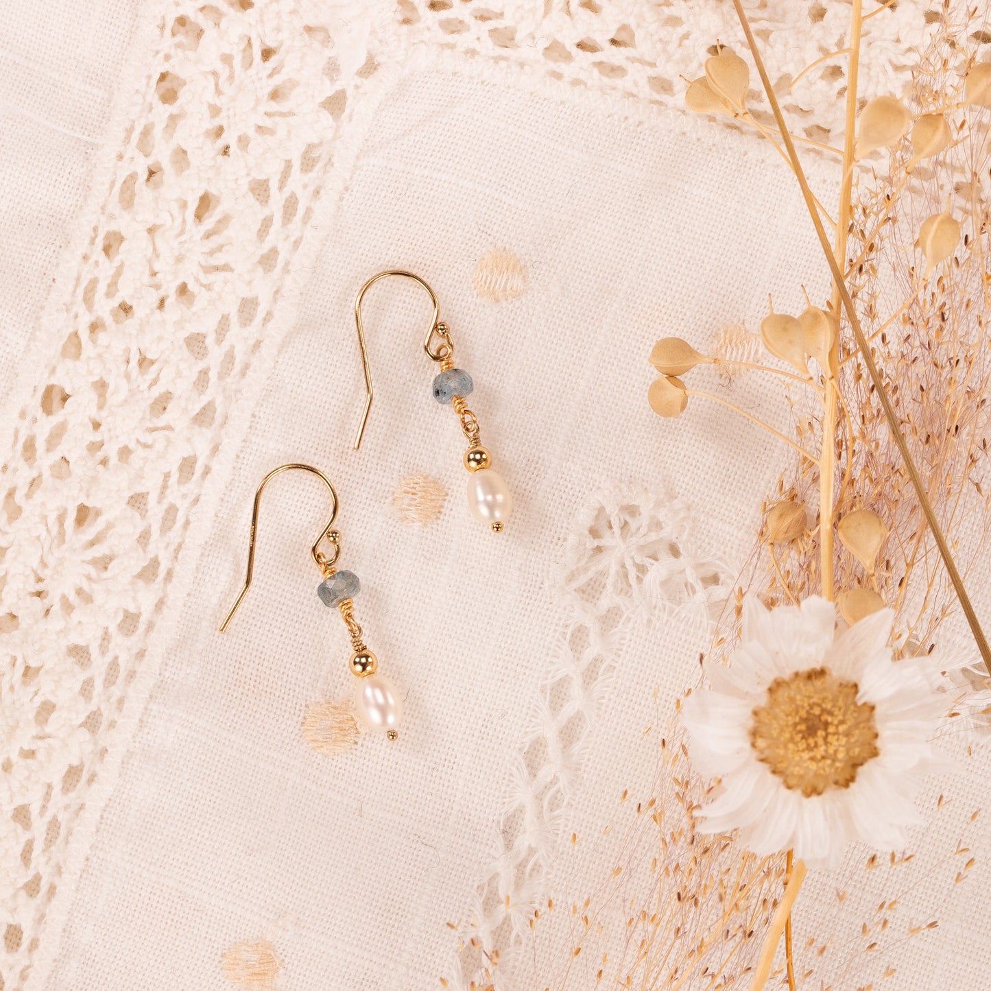 Aquamarine & Pearl Drop Earrings - Bridgerton Inspired - Daphne - Silver & Gold