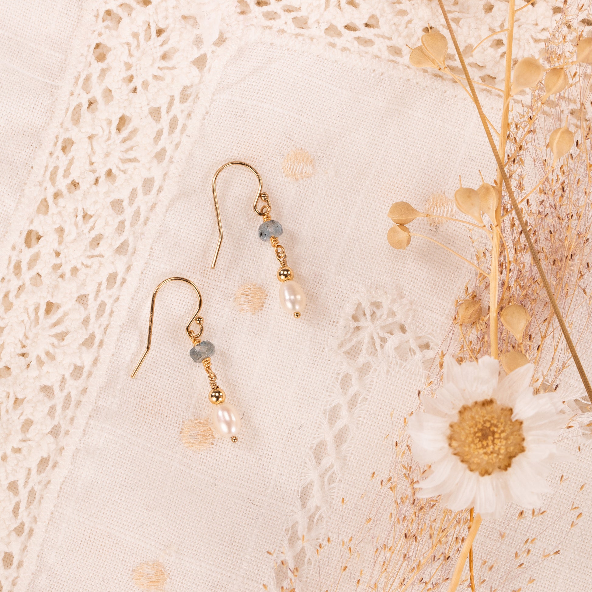 Aquamarine & Pearl Drop Earrings - Bridgerton Inspired - Daphne - Silver & Gold
