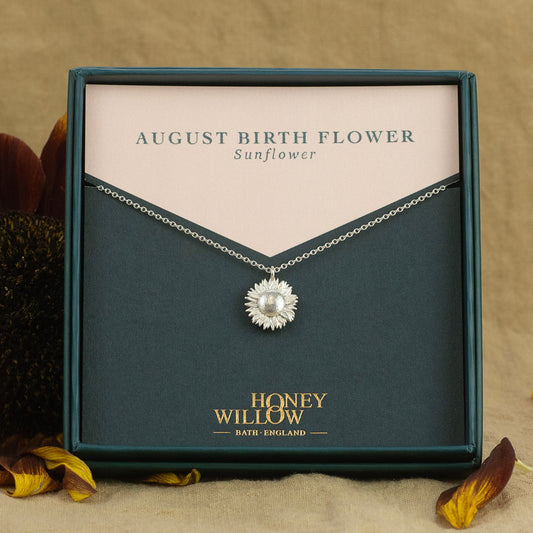 August Birth Flower Necklace - Sunflower - Silver