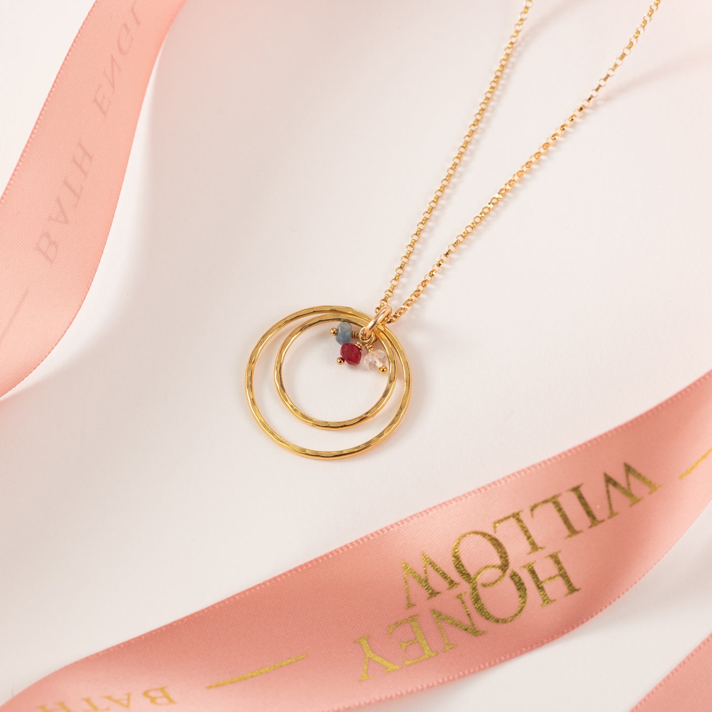 Family Birthstone Double Halo Necklace - Silver & Gold