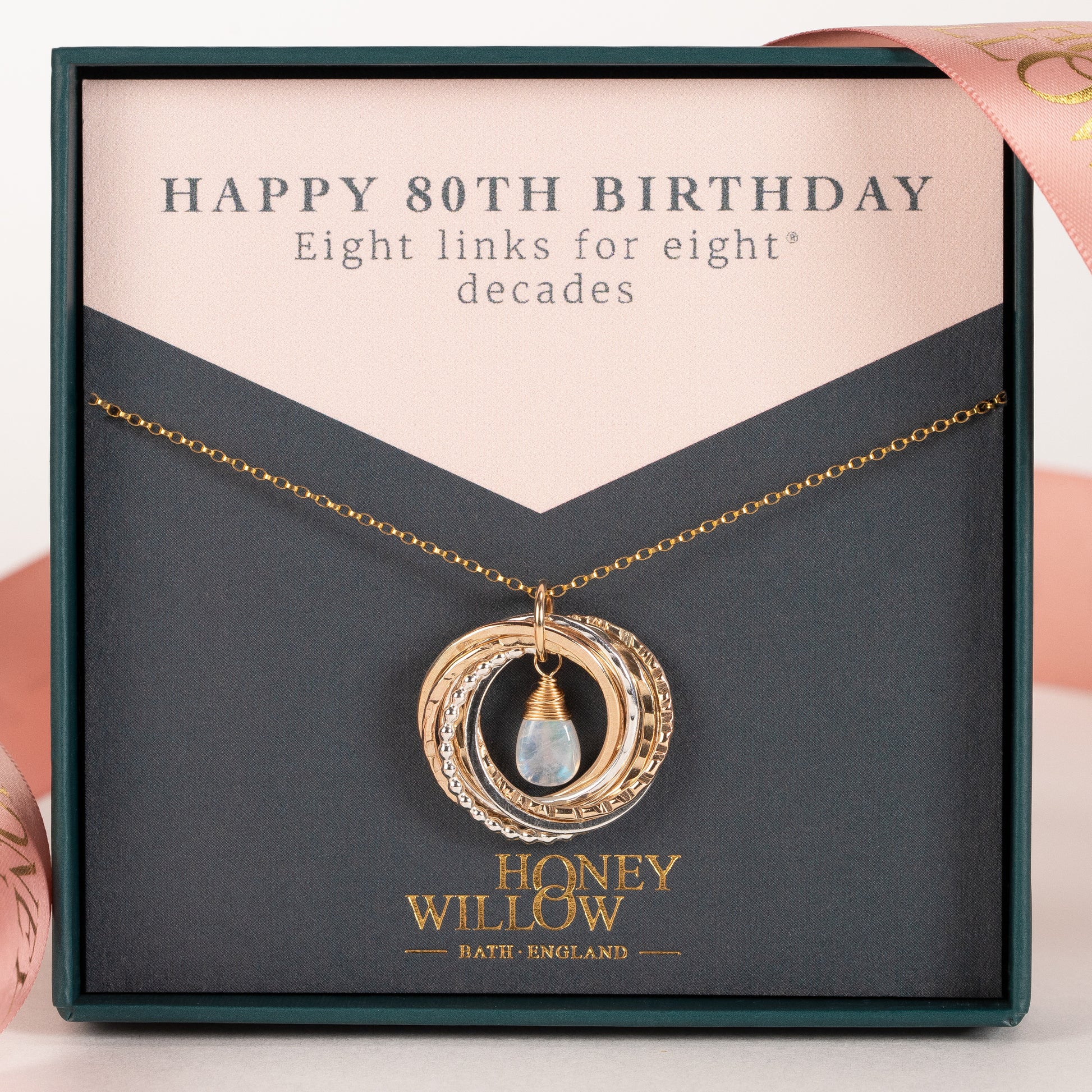 80th Birthday Birthstone Necklace - The Original 8 Links for 8 Decades - Silver & Gold