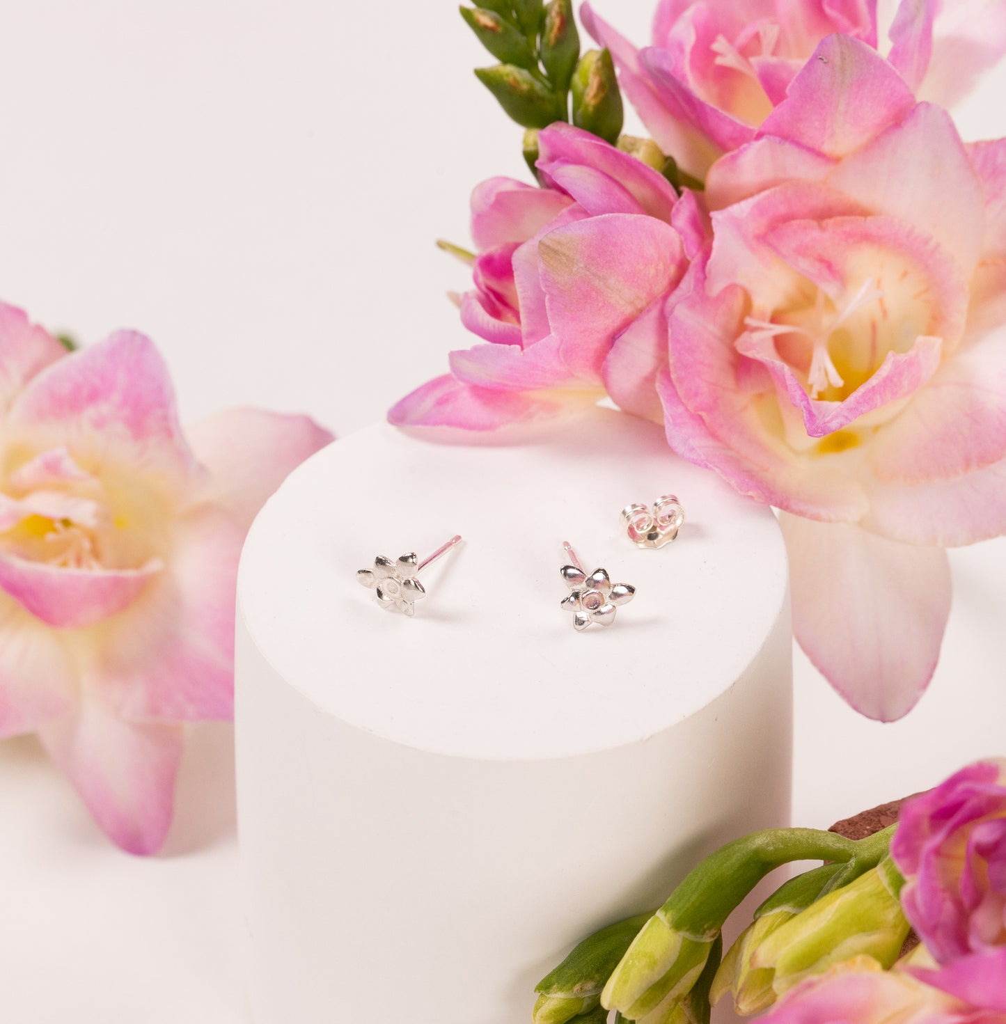 Graduation Gift - Freesia Flower Stud Earrings - Independence - Silver