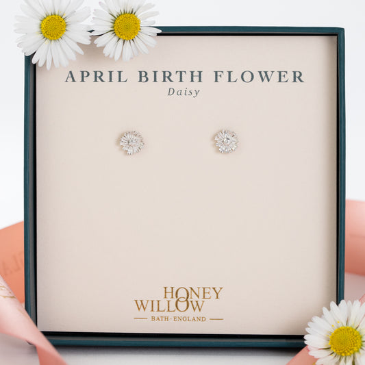 April Birth Flower Earrings - Daisy Flower Studs - Silver
