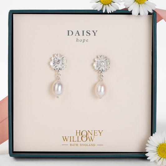 Daisy Flower Earrings - Hope - Silver & Pearl